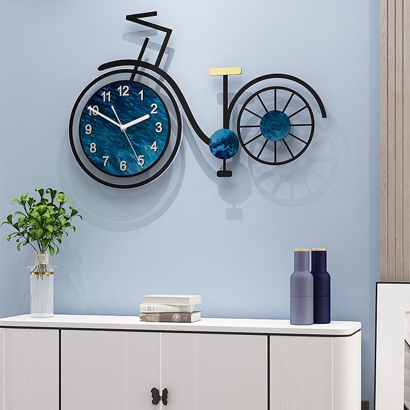 Grande décoration murale de vélo finition bleu vieilli, ambiance rétro, 99cm