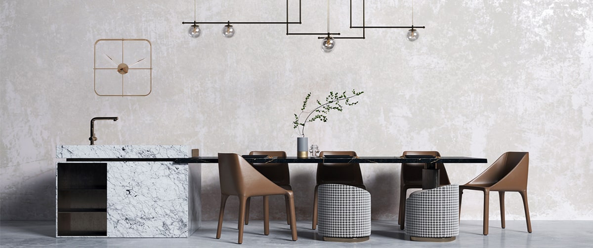 Salle-à-manger style design minimaliste avec une horloge murale en cuivre de forme carrée